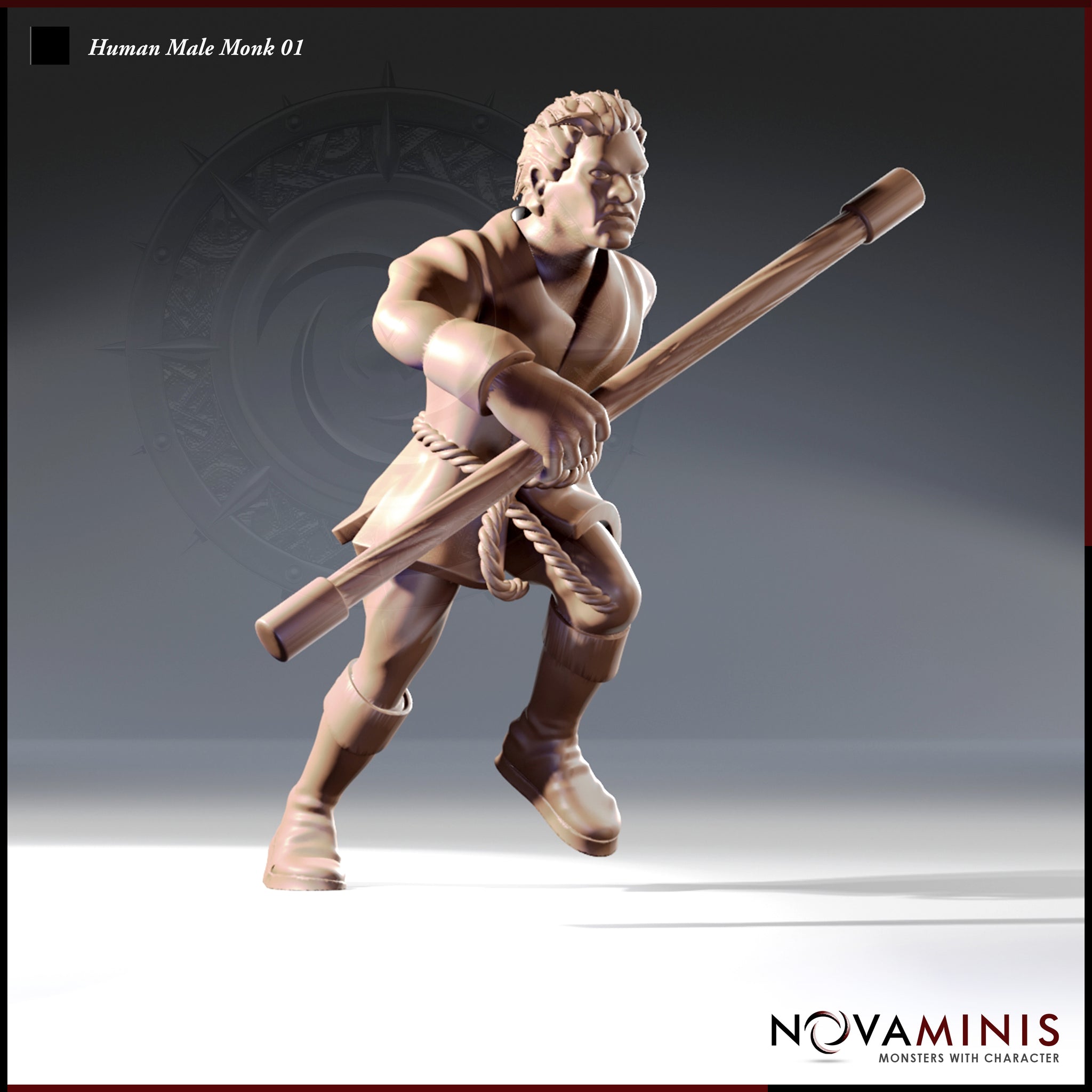 Digital render of an unpainted Human Male Monk miniature in 32mm scale, shown in a dynamic side-on combat pose. The bare-chested male figure grips a diagonal quarterstaff with both hands, rope-wound at the centre, with one knee raised mid-stride and an expression of focused aggression. Simple cloth trousers, rope belt, and sturdy boots complete the look.