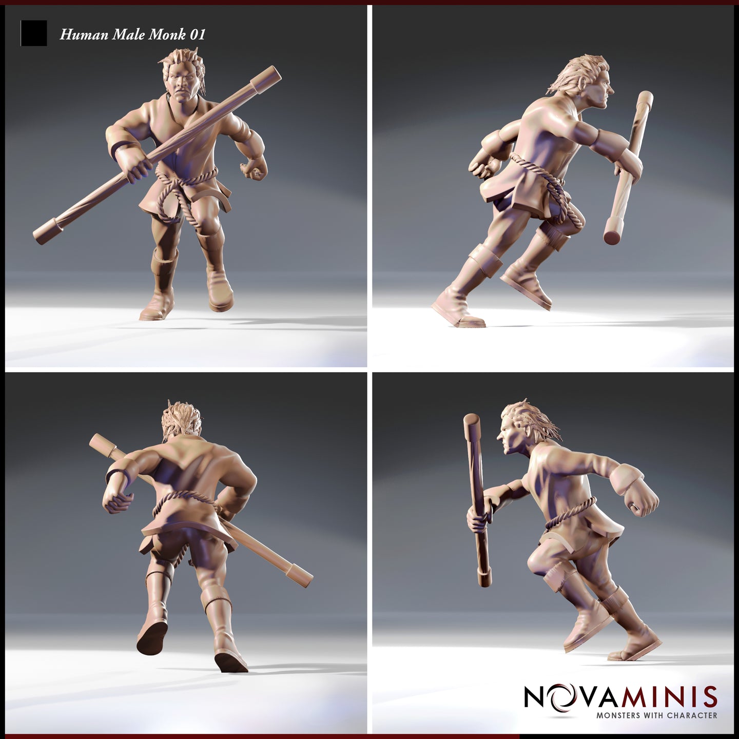 Four-angle digital render of the Human Male Monk 01 miniature by Novaminis, showing front, side, rear, and three-quarter views. The unpainted resin sculpt depicts a muscular bare-chested man wielding a long quarterstaff in a flowing, forward-charging stance, with rope binding visible at the waist and crisp muscular detail throughout.