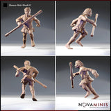 Four-angle digital render of the Human Male Monk 01 miniature by Novaminis, showing front, side, rear, and three-quarter views. The unpainted resin sculpt depicts a muscular bare-chested man wielding a long quarterstaff in a flowing, forward-charging stance, with rope binding visible at the waist and crisp muscular detail throughout.