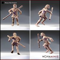 Four-angle digital render of the Human Male Monk 01 miniature by Novaminis, showing front, side, rear, and three-quarter views. The unpainted resin sculpt depicts a muscular bare-chested man wielding a long quarterstaff in a flowing, forward-charging stance, with rope binding visible at the waist and crisp muscular detail throughout.
