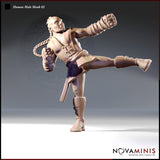 32mm scale digital render of a human male monk miniature in a high flying kick pose — one leg raised, fist drawn back, wearing training jacket with toggle fastenings, bound forearm wraps, buckled boots, and a long braided plait, shown from a front three-quarter angle against a grey background
