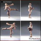 Four-angle turnaround render of the Human Male Monk 02 miniature by Novaminis — front-left showing the flying kick pose, side profile showing the braid length and boot detail, rear three-quarter showing the back of the training jacket, and low rear angle showing the sole of the raised boot