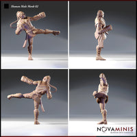 Four-angle turnaround render of the Human Male Monk 02 miniature by Novaminis — front-left showing the flying kick pose, side profile showing the braid length and boot detail, rear three-quarter showing the back of the training jacket, and low rear angle showing the sole of the raised boot