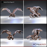 Novaminis Ancient Green Dragon 01 resin miniature — four-angle digital render composite showing front, rear-three-quarter, back, and side profiles of the ground-stalking pose with fully extended wings, serrated jaw, and prominent dorsal ridge detail