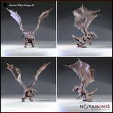 Four-angle digital render sheet of the Ancient White Dragon 01 miniature by Novaminis showing front, side, rear, and three-quarter views of the unpainted brown sculpt — detailing the textured wing membranes, individually rendered claws, dorsal spines, and coiled tail from all perspectives