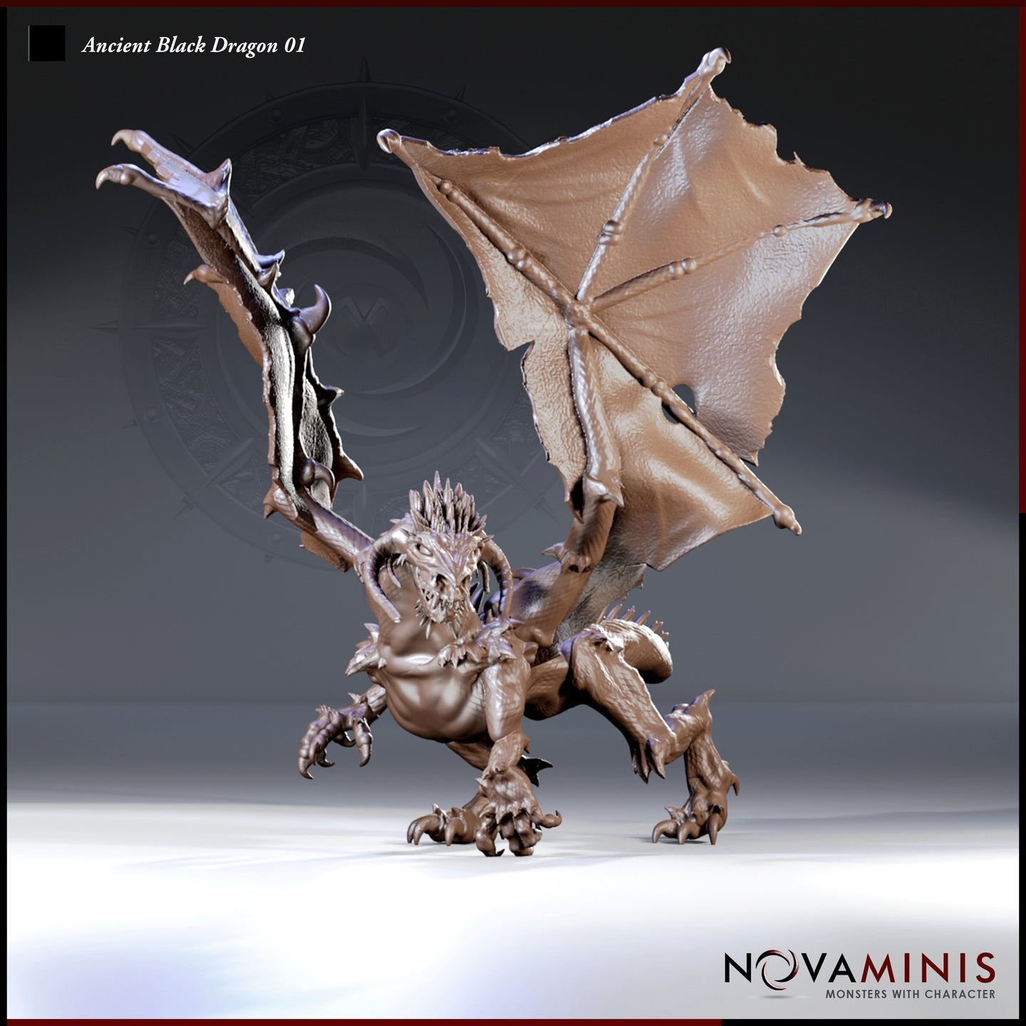 Digital render of the Ancient Black Dragon 01 miniature by Novaminis — an unpainted resin-coloured sculpt shown in a three-quarter front view. The dragon crouches on all fours with both large, textured wings fully spread and raised, claws splayed wide on the ground, spiked crest running from skull to neck, and an open maw facing the viewer in a low threat display.