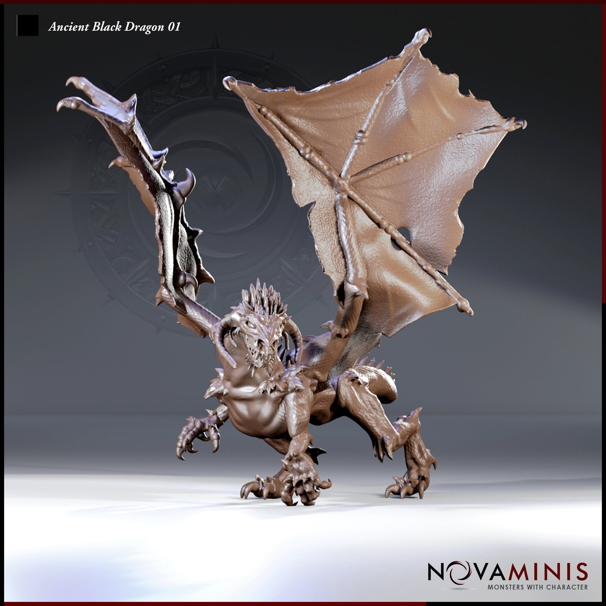Digital render of the Ancient Black Dragon 01 miniature by Novaminis — an unpainted resin-coloured sculpt shown in a three-quarter front view. The dragon crouches on all fours with both large, textured wings fully spread and raised, claws splayed wide on the ground, spiked crest running from skull to neck, and an open maw facing the viewer in a low threat display.