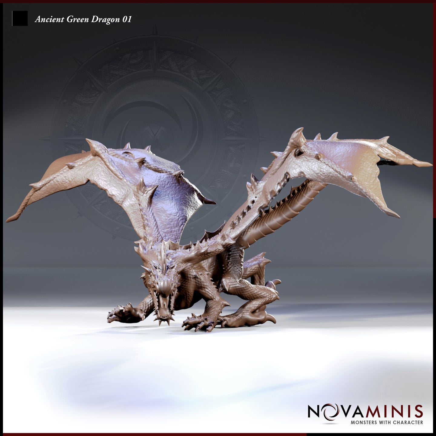 Novaminis Ancient Green Dragon 01 resin miniature — digital render showing front-facing three-quarter view with wings spread wide, head lowered and jaws parted, claws splayed on all four legs, dense scale and spine detail visible across neck, back, and flanks