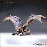 Novaminis Ancient Green Dragon 01 resin miniature — digital render showing front-facing three-quarter view with wings spread wide, head lowered and jaws parted, claws splayed on all four legs, dense scale and spine detail visible across neck, back, and flanks