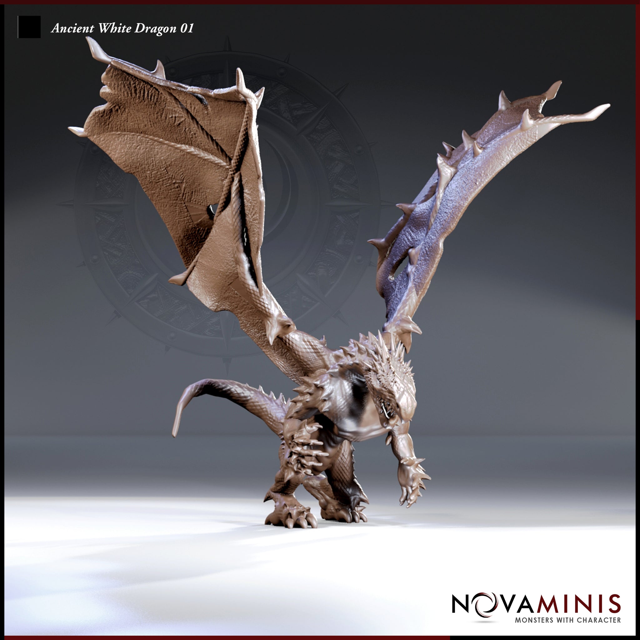 Digital render of the Ancient White Dragon 01 miniature by Novaminis — an unpainted brown resin-coloured dragon shown from the front in a low, aggressive stance with wings spread wide in a V shape, forelimbs braced on the ground, ridged spine and spiked tail visible, head lowered as though preparing to strike