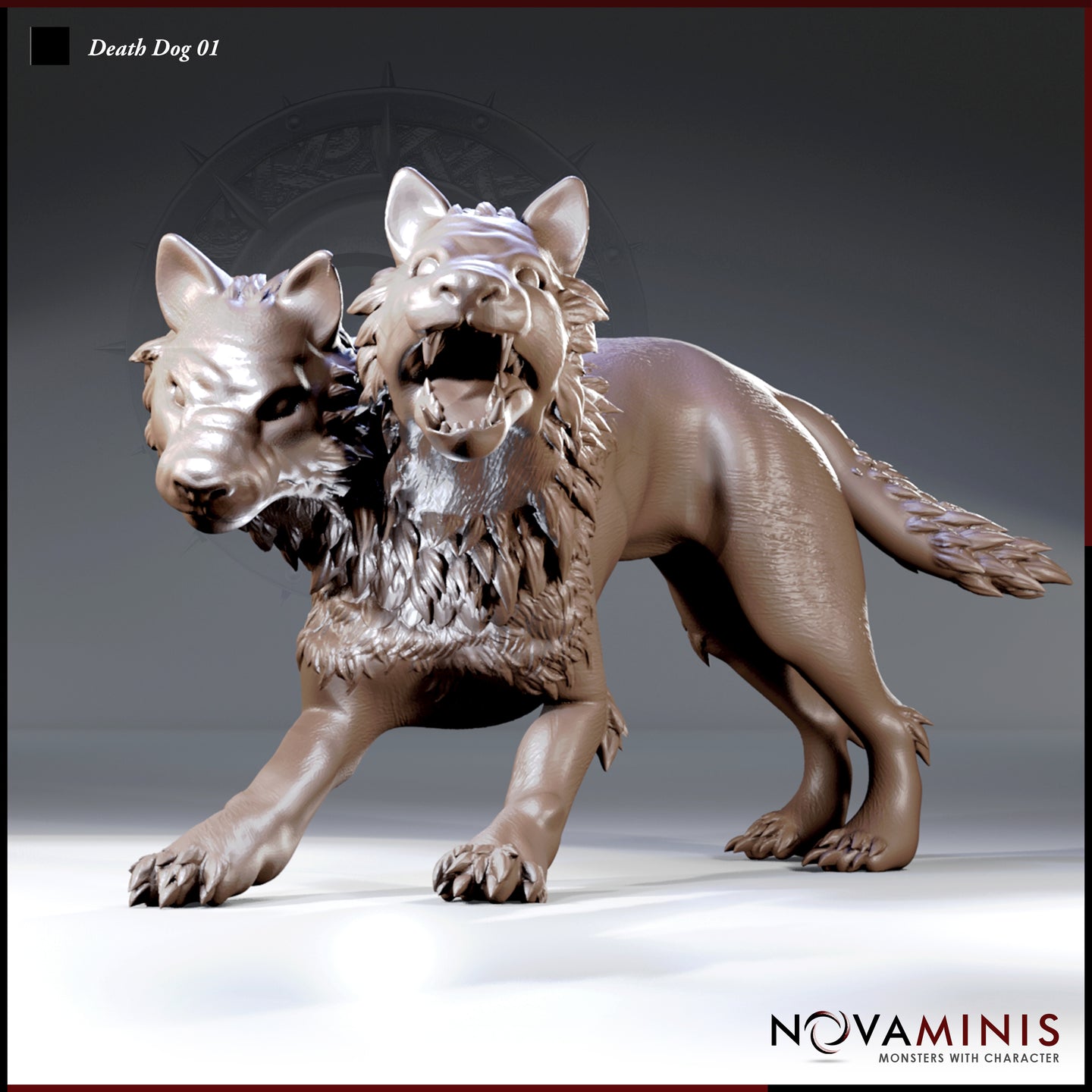 Digital render of Death Dog 01 miniature by Novaminis — a two-headed canine beast in a crouching lunge pose, one head low and snarling with open jaws, the other raised and alert, with a thick layered feather-like ruff around both necks, splayed clawed paws, and a fanned textured tail