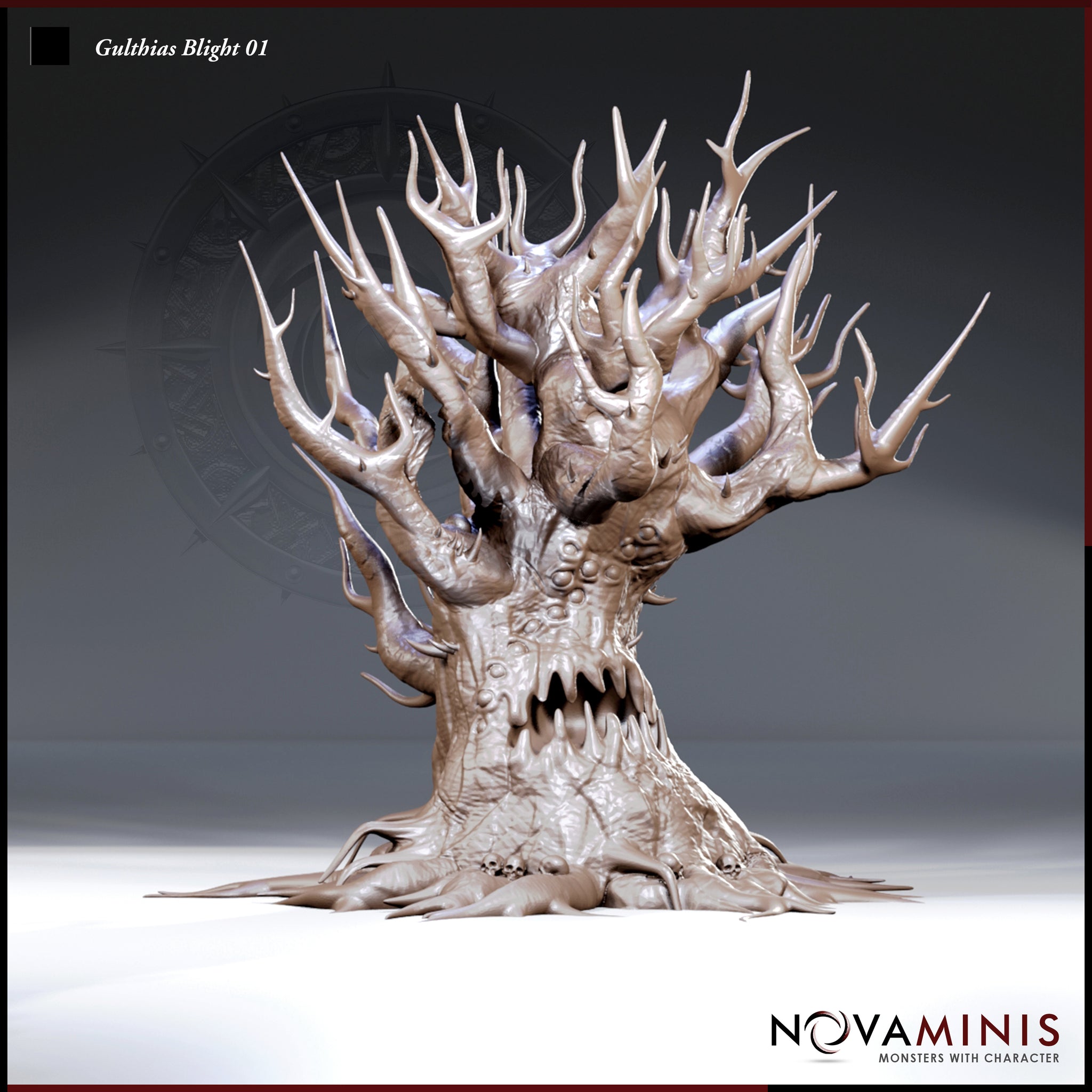 Front-facing digital render of the Gulthias Blight 01 miniature by Novaminis — an unpainted resin-coloured corrupted tree with a wide toothed maw in its trunk, curling thorn-covered branches, and skulls nestled among its grasping roots