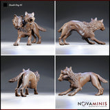 Four-angle digital render of Death Dog 01 miniature by Novaminis showing front, side, rear, and three-quarter views of the two-headed death dog in its crouching lunge pose, displaying the feathered ruff, muscular haunches, braided tail, and full claw detail from every angle