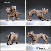 Four-angle digital render of Death Dog 01 miniature by Novaminis showing front, side, rear, and three-quarter views of the two-headed death dog in its crouching lunge pose, displaying the feathered ruff, muscular haunches, braided tail, and full claw detail from every angle