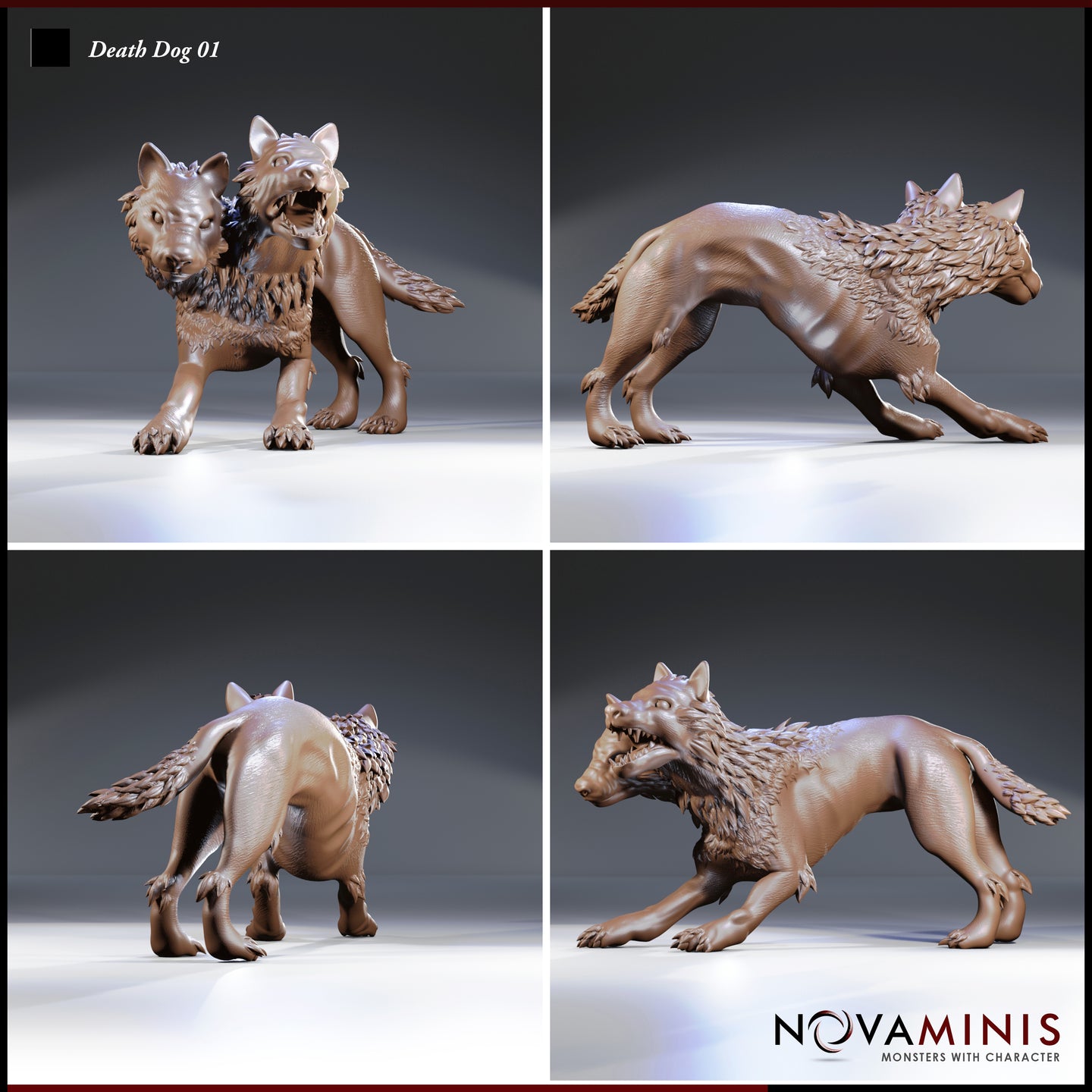 Four-angle digital render sheet of Death Dog 01 by Novaminis showing front, side, rear, and three-quarter views of the two-headed death dog miniature, highlighting the sculpted fur ruff, muscular body, braided tail detail, and dual-expression heads