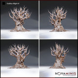 Four-angle digital render of the Gulthias Blight 01 miniature by Novaminis showing front, back, and two side views — revealing the full crown of jagged antler-like branches, deeply textured bark, and the toothed maw visible from the front and side