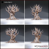Four-angle digital render of the Gulthias Blight 01 miniature by Novaminis showing front, back, and two side views — revealing the full crown of jagged antler-like branches, deeply textured bark, and the toothed maw visible from the front and side