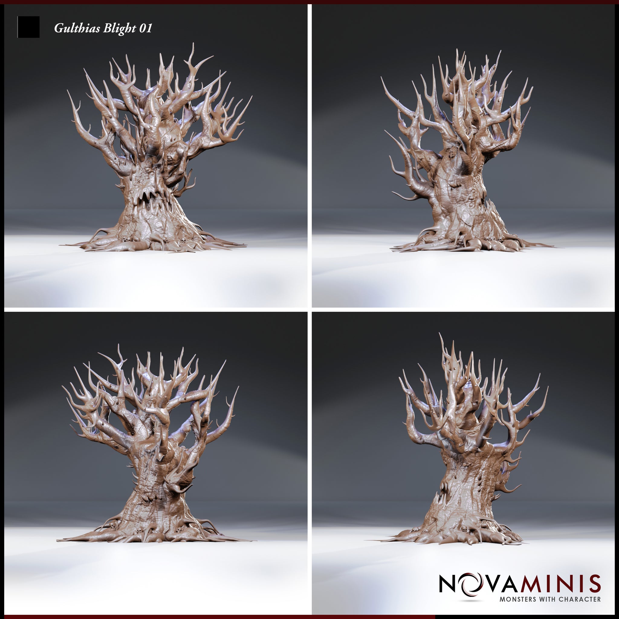 Four-angle digital render of the Gulthias Blight 01 miniature by Novaminis showing front, back, and two side views — revealing the full crown of jagged antler-like branches, deeply textured bark, and the toothed maw visible from the front and side