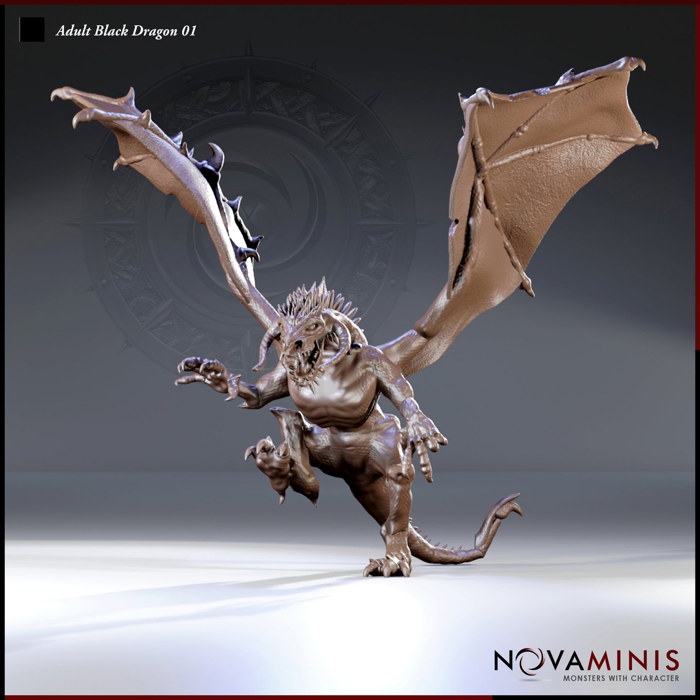 Digital render of the Adult Black Dragon 01 miniature by Novaminis — unpainted resin, front three-quarter view showing wings spread wide, one clawed arm raised in a lunging pose, jaws open in a snarl with visible teeth, ridge of spines along the skull, and a coiling tail. No base.