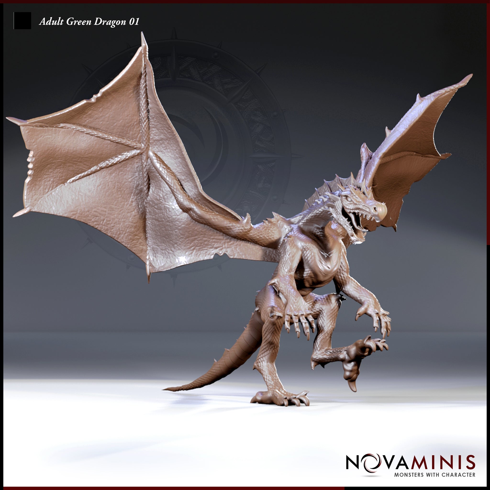 Digital render of the Adult Green Dragon 01 miniature by Novaminis — an unpainted resin-coloured sculpt shown in a three-quarter front-left view. The dragon stands in an aggressive forward-leaning pose with wings fully spread and swept back, jaws open wide revealing rows of teeth, a crown of swept horns, and a raised right foreleg with open claws. The long tail extends behind for balance. Scale details visible across leathery wing membranes and overlapping body scales.