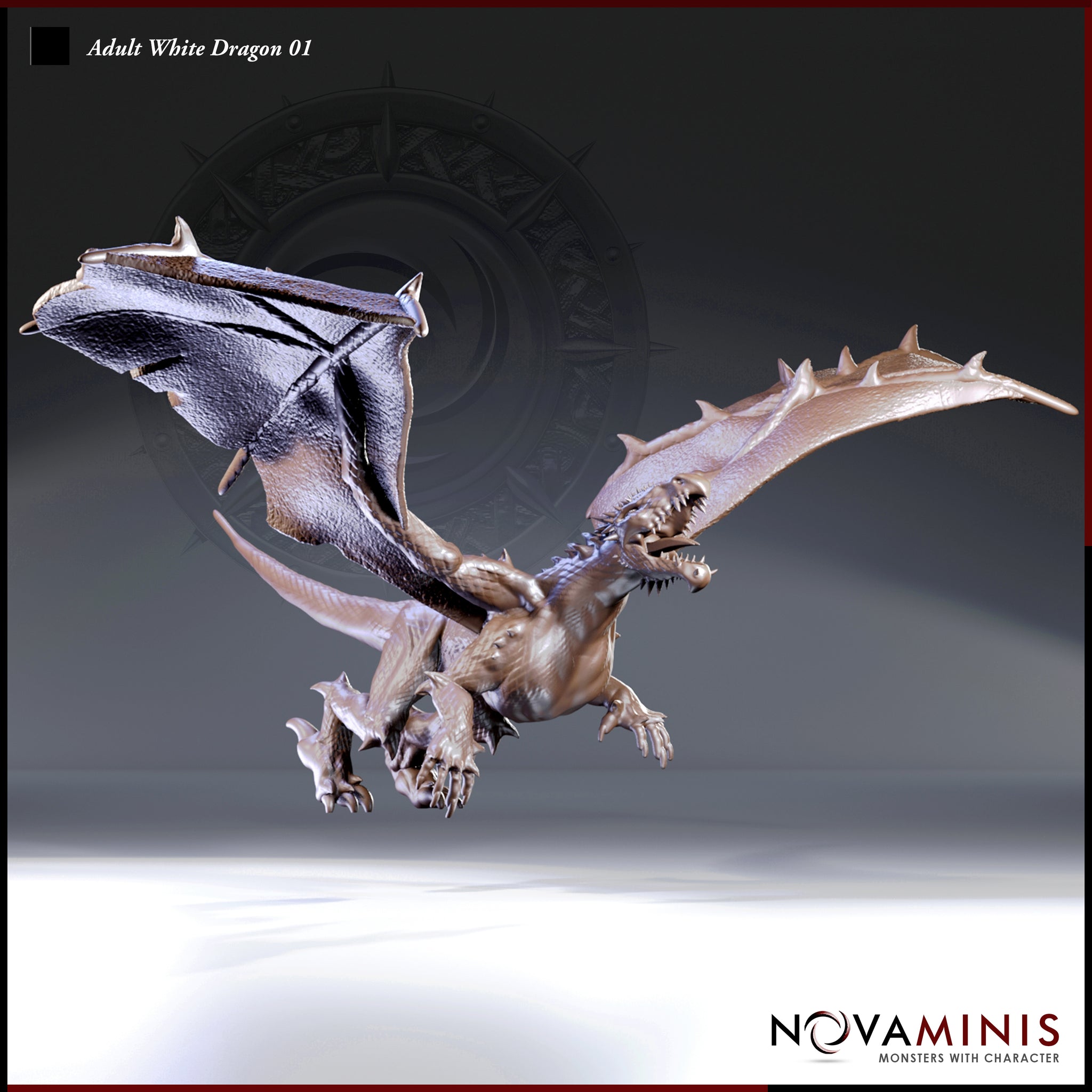 Digital render of the Adult White Dragon 01 miniature by Novaminis — an unpainted grey resin sculpt shown in a dramatic airborne dive pose with wings fully spread, jaws open wide revealing rows of jagged teeth, and both taloned forelegs reaching forward. The underside of the dragon is visible along with a heavily spiked tail and detailed wing membrane texture.