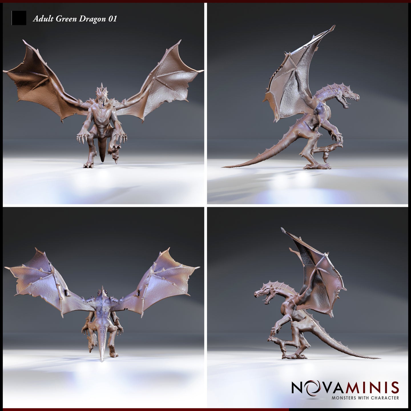 Four-angle digital render sheet of the Adult Green Dragon 01 miniature by Novaminis — top-left shows a direct front view with wings fully extended and the dragon in a low crouch; top-right shows a right-side profile emphasising the forward-leaning stance and open jaws; bottom-left shows the rear view revealing detailed wing membrane structure and dorsal spines; bottom-right shows a left-side three-quarter view highlighting the raised foreleg, open claws, and swept horn crest. All views in unpainted render f