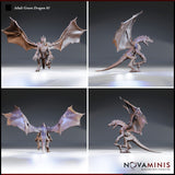 Four-angle digital render sheet of the Adult Green Dragon 01 miniature by Novaminis — top-left shows a direct front view with wings fully extended and the dragon in a low crouch; top-right shows a right-side profile emphasising the forward-leaning stance and open jaws; bottom-left shows the rear view revealing detailed wing membrane structure and dorsal spines; bottom-right shows a left-side three-quarter view highlighting the raised foreleg, open claws, and swept horn crest. All views in unpainted render f