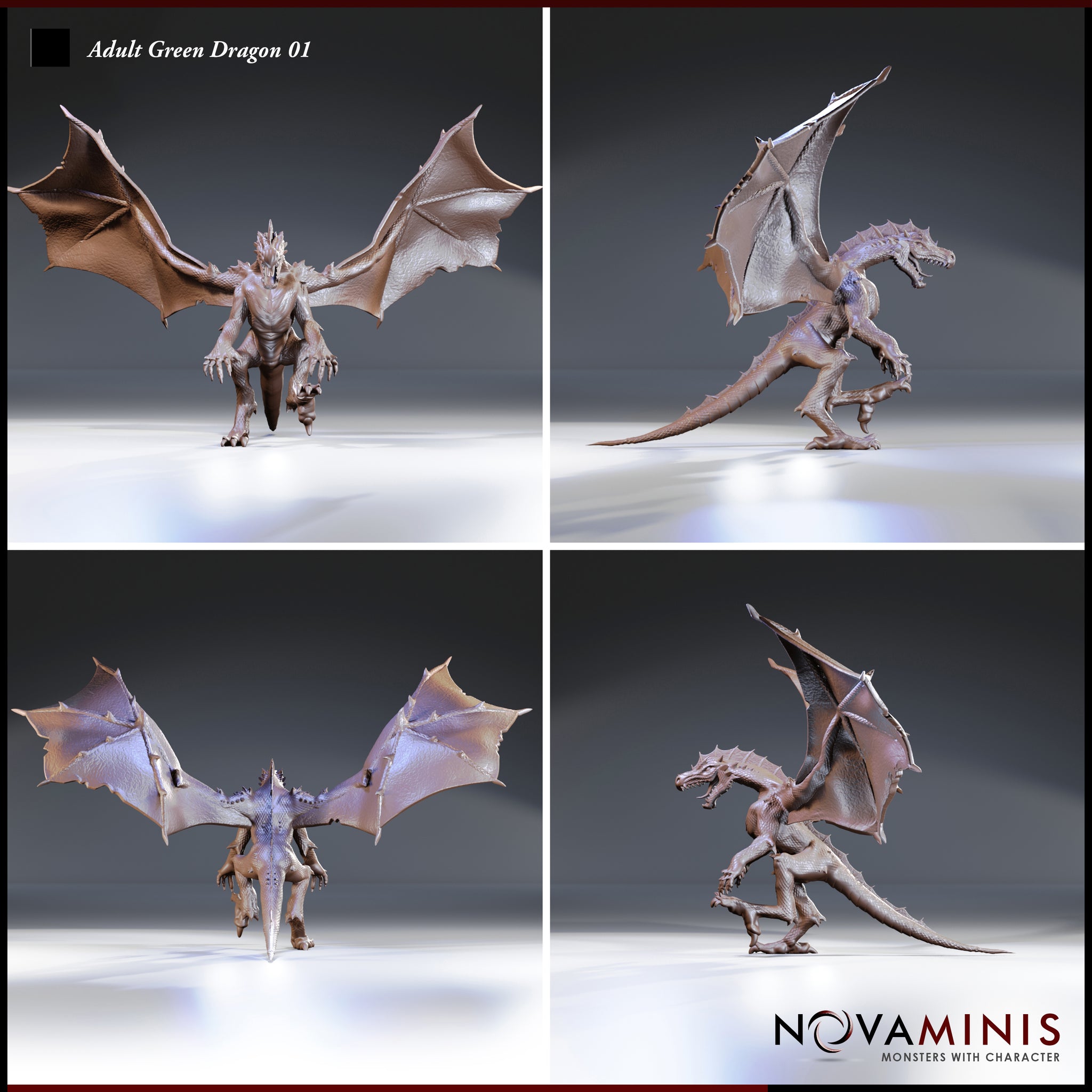Four-angle digital render sheet of the Adult Green Dragon 01 miniature by Novaminis — top-left shows a direct front view with wings fully extended and the dragon in a low crouch; top-right shows a right-side profile emphasising the forward-leaning stance and open jaws; bottom-left shows the rear view revealing detailed wing membrane structure and dorsal spines; bottom-right shows a left-side three-quarter view highlighting the raised foreleg, open claws, and swept horn crest. All views in unpainted render f