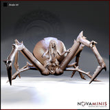 Digital render of Drider 01 miniature by Novaminis — front view showing drow female torso with long dreadlocks, arms raised, mounted on a large spider body with eight barbed legs and fanged chelicerae, 32mm scale, unpainted grey resin render