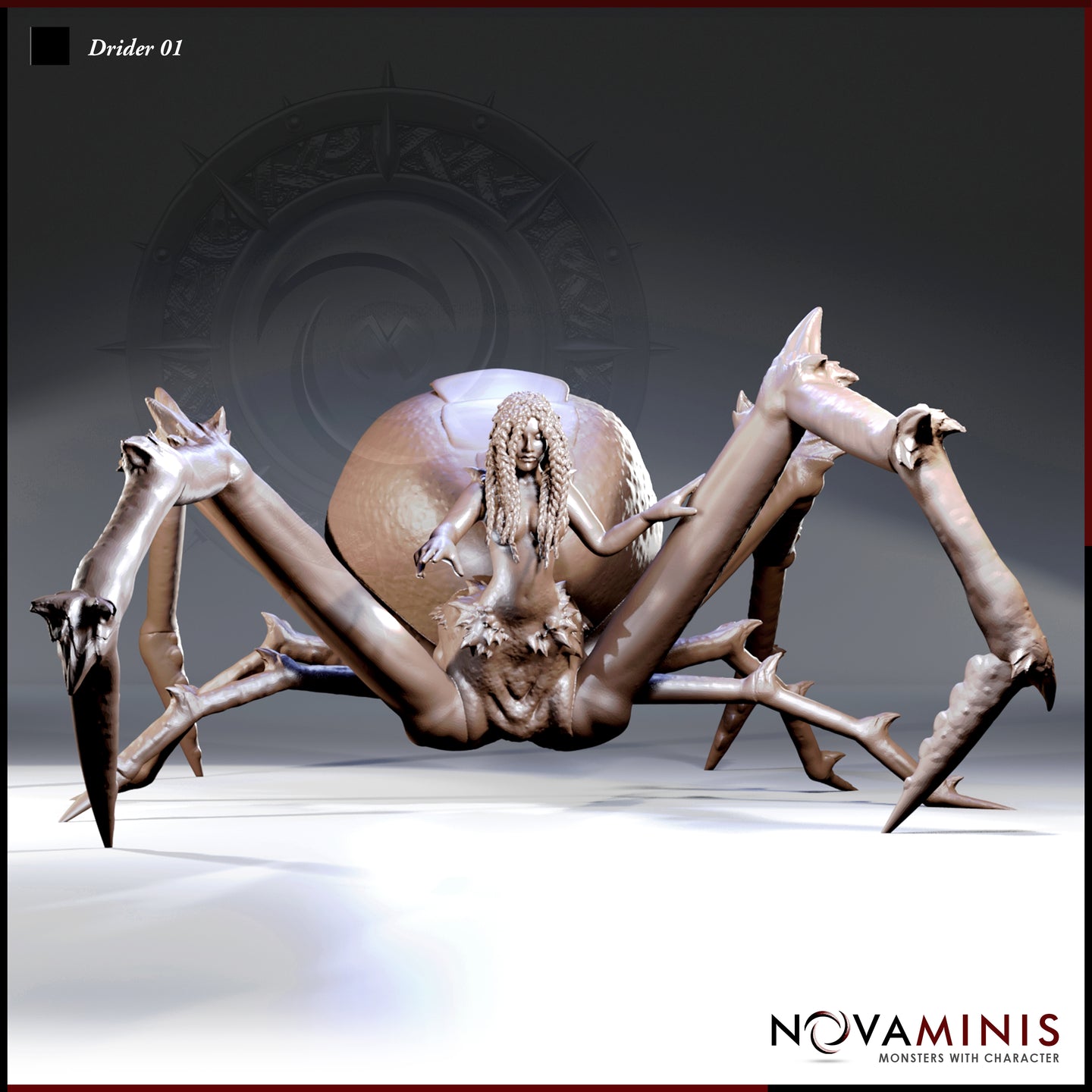 Digital render of Drider 01 by Novaminis — a female drow torso with long locs merging into a large arachnid body, arms outstretched with clawed hands, eight barbed spider legs spread wide, viewed from the front at a three-quarter angle, unpainted grey resin render