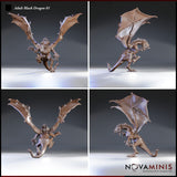 Digital render of the Adult Black Dragon 01 miniature by Novaminis — four-angle turnaround showing front, side, back, and three-quarter views. Unpainted resin, wings fully extended with hooked spurs, detailed scale texture on the body and tail, and prominent head spines visible from all angles.