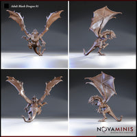 Digital render of the Adult Black Dragon 01 miniature by Novaminis — four-angle turnaround showing front, side, back, and three-quarter views. Unpainted resin, wings fully extended with hooked spurs, detailed scale texture on the body and tail, and prominent head spines visible from all angles.