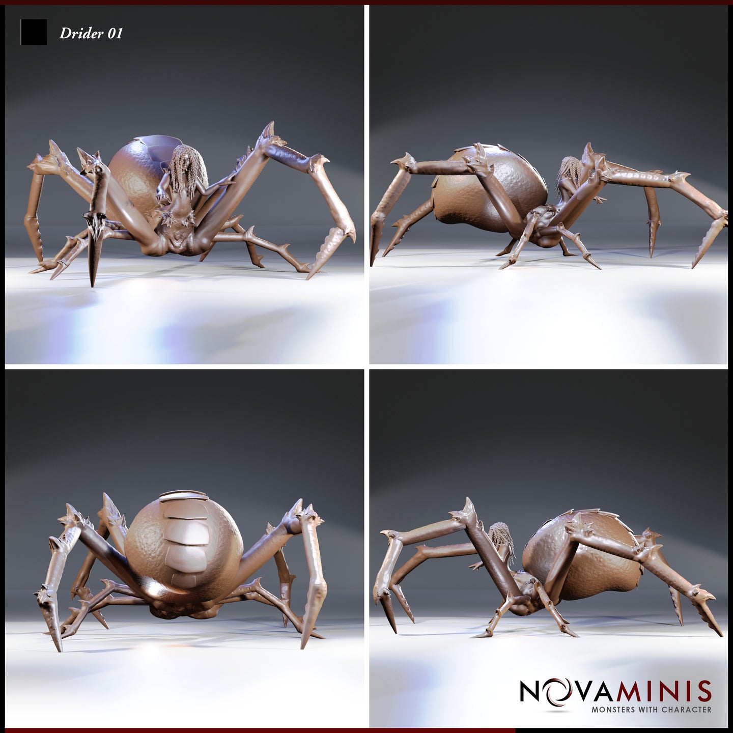 Digital render of Drider 01 miniature by Novaminis — four-angle view showing front, side, rear, and three-quarter perspectives of the crouching drider with segmented spider abdomen, barbed legs, and textured chitinous plating, unpainted grey resin render