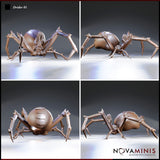 Digital render of Drider 01 miniature by Novaminis — four-angle view showing front, side, rear, and three-quarter perspectives of the crouching drider with segmented spider abdomen, barbed legs, and textured chitinous plating, unpainted grey resin render