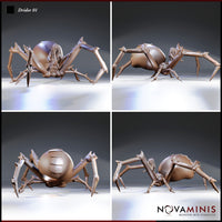 Four-angle digital render sheet of Drider 01 by Novaminis showing front, rear, and two side views of the drider miniature — female drow upper body with locs, large bulbous abdomen with segmented underside plating, eight thorned spider legs with curved claw tips, unpainted grey resin render