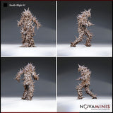 Digital render of Needle Blight 01 miniature by Novaminis — four-angle turnaround showing front, side, three-quarter, and rear views of the spine-covered Plant creature, highlighting the layered spines, writhing tendrils across the torso, and raised arm pose