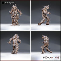 Digital render of Needle Blight 01 miniature by Novaminis — four-angle turnaround showing front, side, three-quarter, and rear views of the spine-covered Plant creature, highlighting the layered spines, writhing tendrils across the torso, and raised arm pose