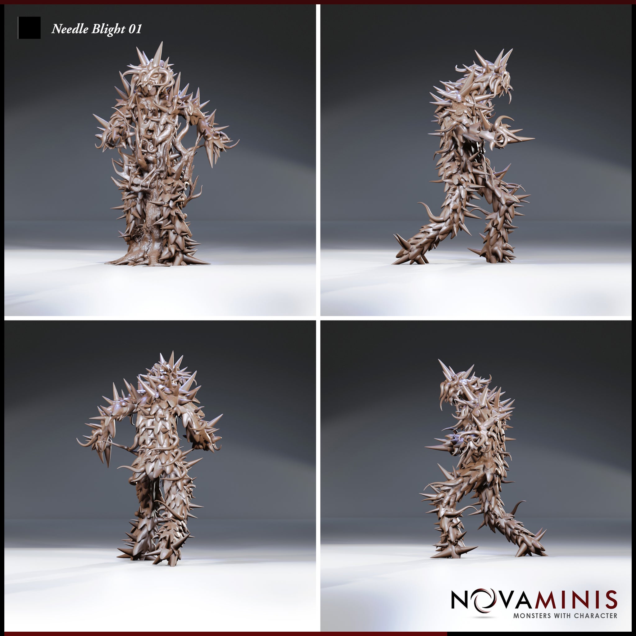Digital render of Needle Blight 01 miniature by Novaminis — four-angle turnaround showing front, side, three-quarter, and rear views of the spine-covered Plant creature, highlighting the layered spines, writhing tendrils across the torso, and raised arm pose