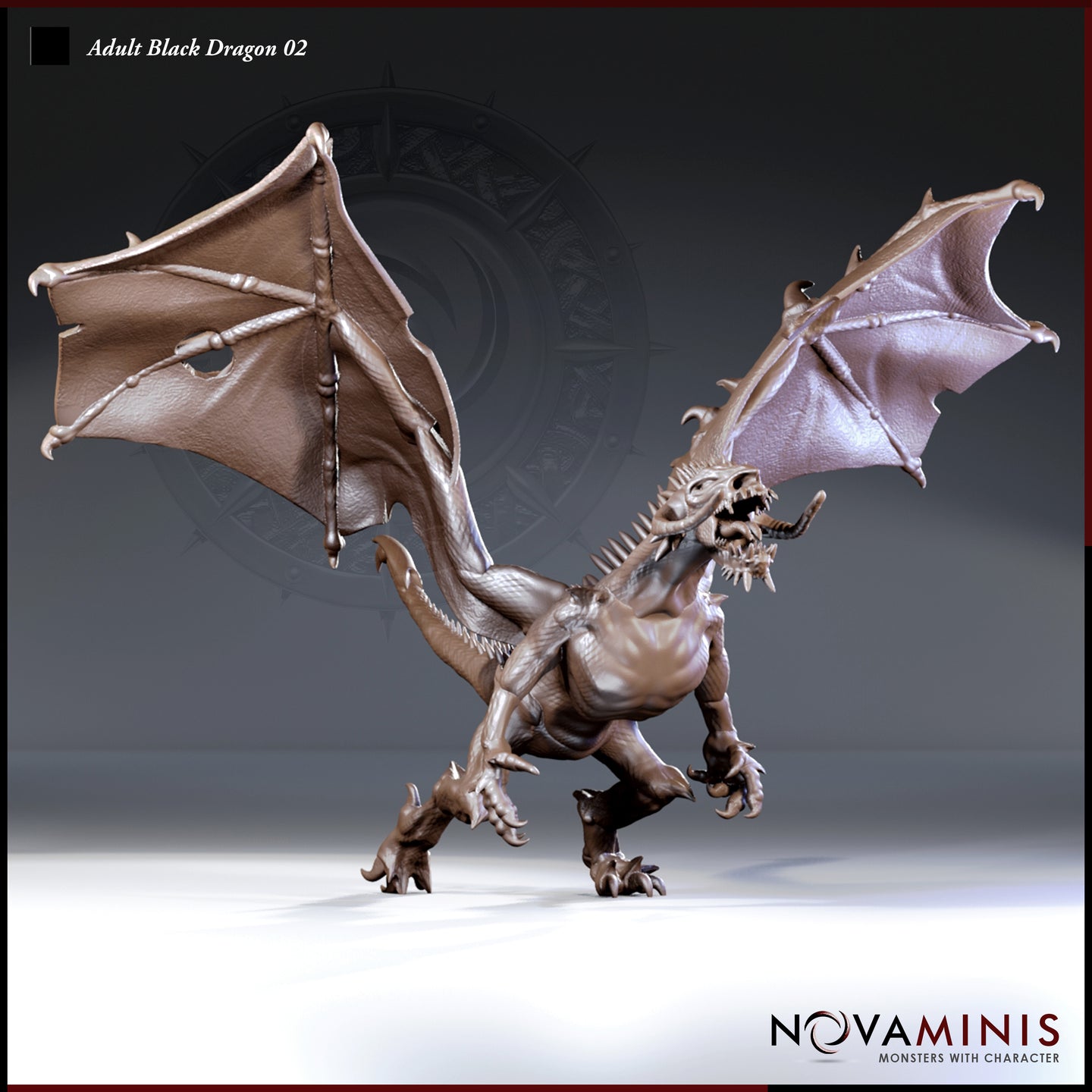 Digital render of the Adult Black Dragon 02 miniature by Novaminis — an unpainted grey resin-style sculpt shown from the front at a three-quarter angle. The dragon stands in a low, aggressive forward-leaning pose with both wings spread wide, jaws open to reveal rows of teeth and a curling tongue, a crown of spines along the skull, and heavily clawed forelegs braced on the ground. The tail sweeps back behind the body. Wing membranes show detailed vein structure and surface texture.