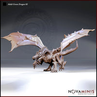 Digital render of the Adult Green Dragon 02 miniature by Novaminis — front three-quarter view showing the dragon in a forward-lunging pose with wings spread wide, jaws open, claws braced on the ground, and detailed scale and spine ridge textures throughout