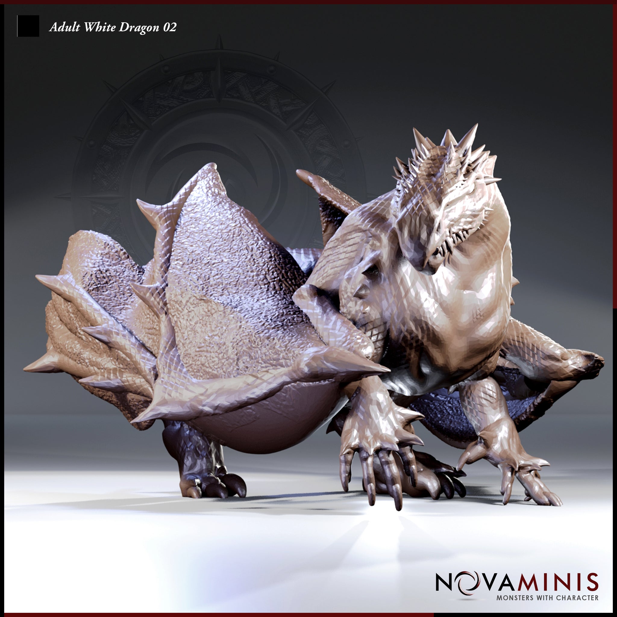 Digital render of the Adult White Dragon 02 miniature by Novaminis — grounded snarl pose with wings fanned wide, body crouched low, spiked crown raised and jaws parted. Unpainted sculpt showing detailed scale texture and large clawed forelimbs, three-quarter front view.