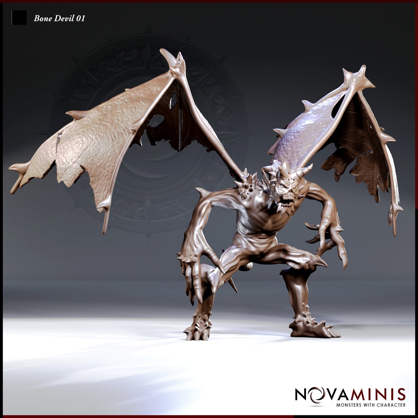 Digital render of the Bone Devil 01 miniature by Novaminis — an unpainted resin-coloured fiend in a wide, crouching stance with both wings fully spread, clawed arms reaching forward, spined torso, horned skull-like face, and clawed feet planted on a plain base, shown at a three-quarter angle