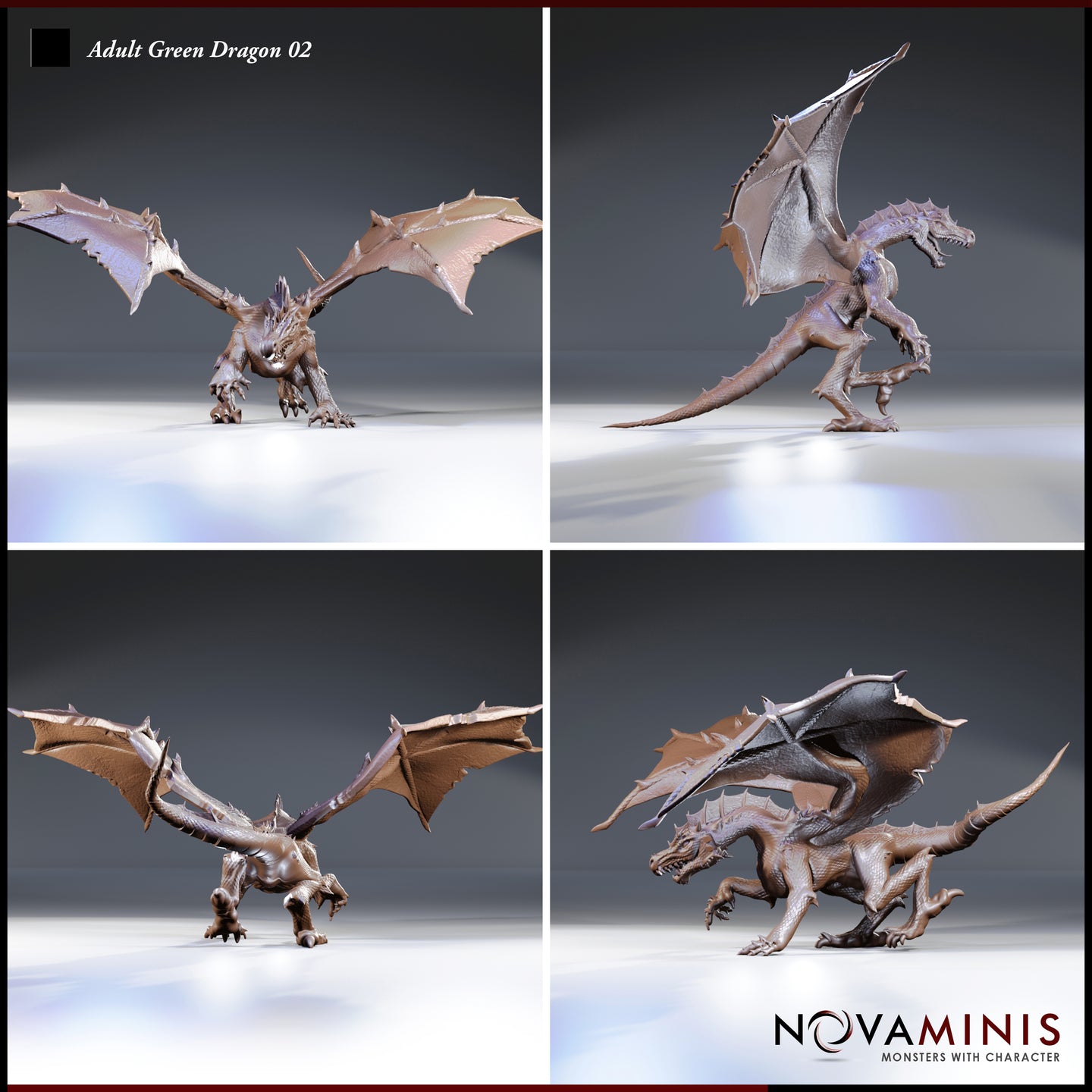Four-angle digital render sheet of the Adult Green Dragon 02 miniature by Novaminis — front, rear three-quarter, rear low, and side views showing the full wingspan, serrated wing membrane edges, spiked dorsal ridges, muscular tail, and open-jawed aggressive posture