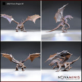 Four-angle digital render sheet of the Adult Green Dragon 02 miniature by Novaminis — front, rear three-quarter, rear low, and side views showing the full wingspan, serrated wing membrane edges, spiked dorsal ridges, muscular tail, and open-jawed aggressive posture