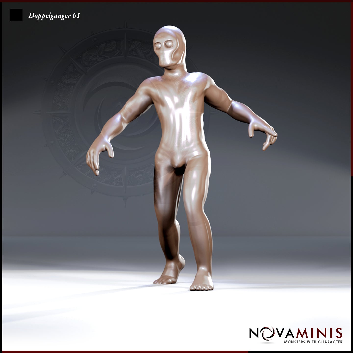 Digital render of Doppelganger 01 by Novaminis — a featureless humanoid miniature in 32mm scale, shown from the front in a forward-leaning, predatory pose with arms raised and fingers spread, blank hollow eye sockets and smooth skin with no clothing or armour