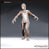 Digital render of Doppelganger 01 by Novaminis — a featureless humanoid miniature in 32mm scale, shown from the front in a forward-leaning, predatory pose with arms raised and fingers spread, blank hollow eye sockets and smooth skin with no clothing or armour