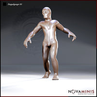 Digital render of Doppelganger 01 by Novaminis — a featureless humanoid miniature in 32mm scale, shown from the front in a forward-leaning, predatory pose with arms raised and fingers spread, blank hollow eye sockets and smooth skin with no clothing or armour