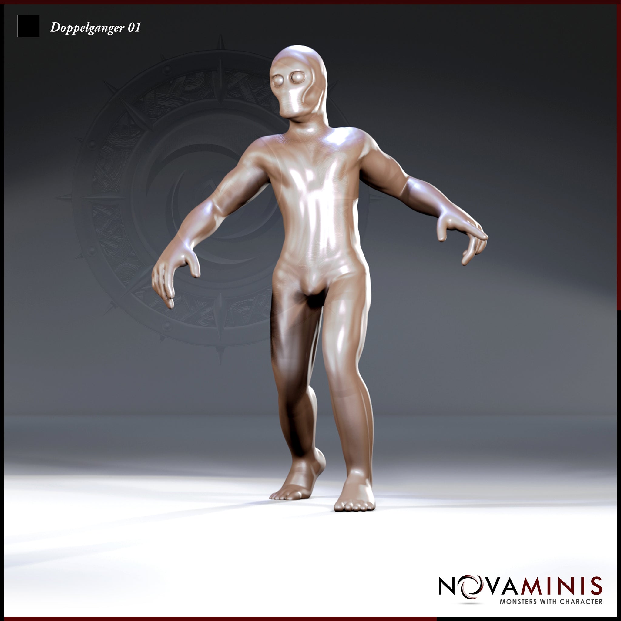 Digital render of Doppelganger 01 by Novaminis — a featureless humanoid miniature in 32mm scale, shown from the front in a forward-leaning, predatory pose with arms raised and fingers spread, blank hollow eye sockets and smooth skin with no clothing or armour