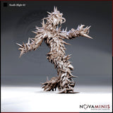 Digital render of Needle Blight 02 miniature by Novaminis — an unpainted resin-grey plant creature with arms flung wide in an aggressive lunge, covered in overlapping bark plates and sharp spines, hollow jaws open wide, viewed from a front three-quarter angle at 32mm scale