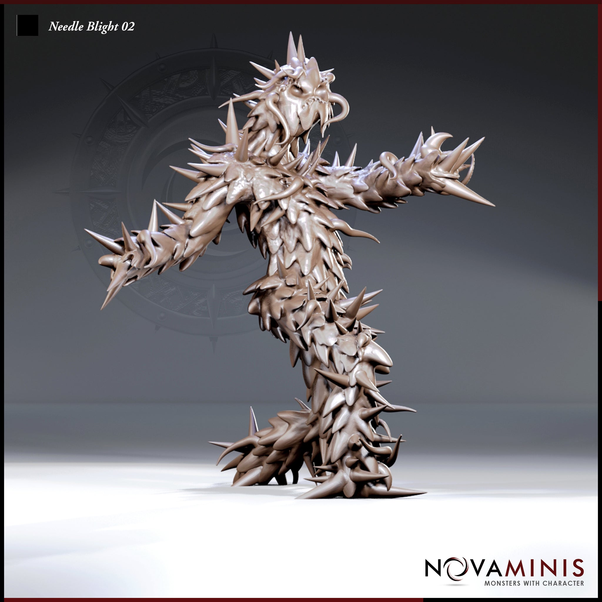 Digital render of Needle Blight 02 miniature by Novaminis — an unpainted resin-grey plant creature with arms flung wide in an aggressive lunge, covered in overlapping bark plates and sharp spines, hollow jaws open wide, viewed from a front three-quarter angle at 32mm scale